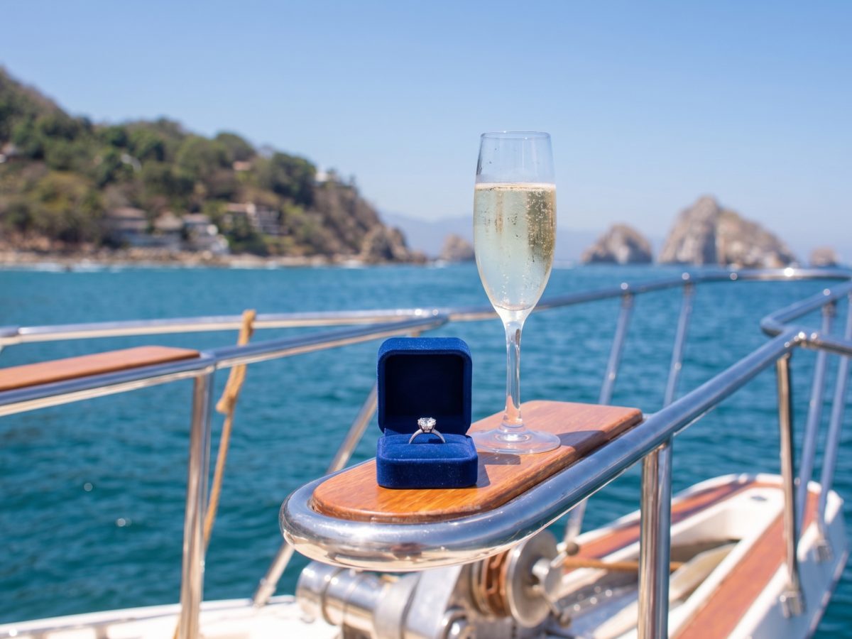 Close-up of an engagement ring box and champagne glasses on a boat at sunset.