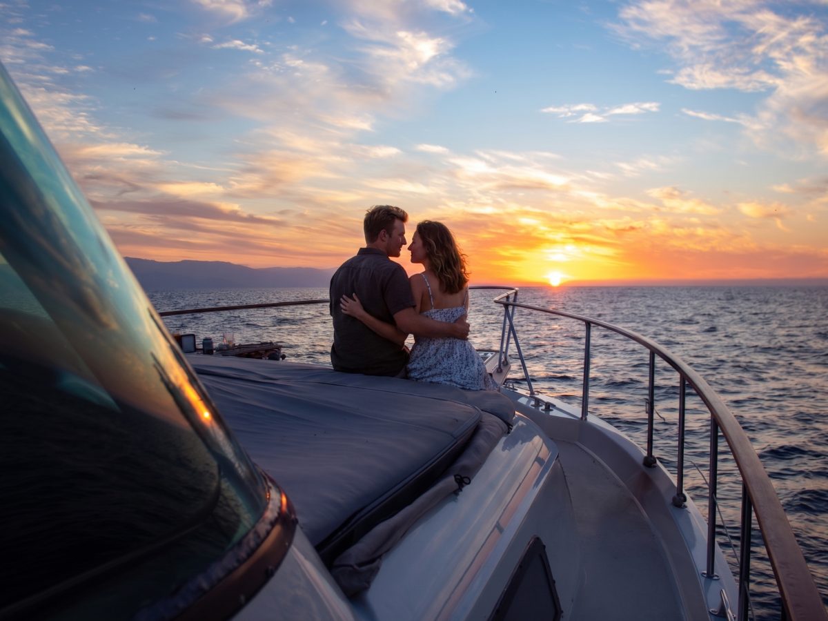 Couple embracing on a luxury yacht during a sunset proposal in Puerto Vallarta.