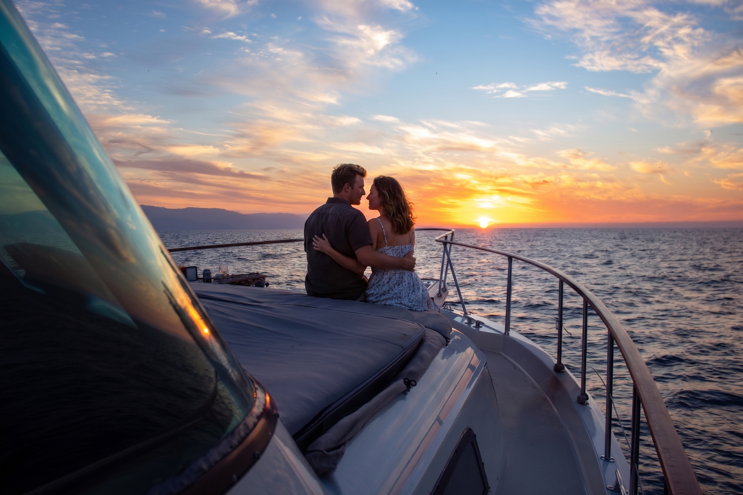 Couple embracing on a luxury yacht during a sunset proposal in Puerto Vallarta.