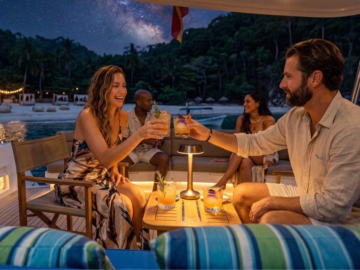 Guests enjoying craft drinks on a private boat charter before entering Majahuitas by night.
