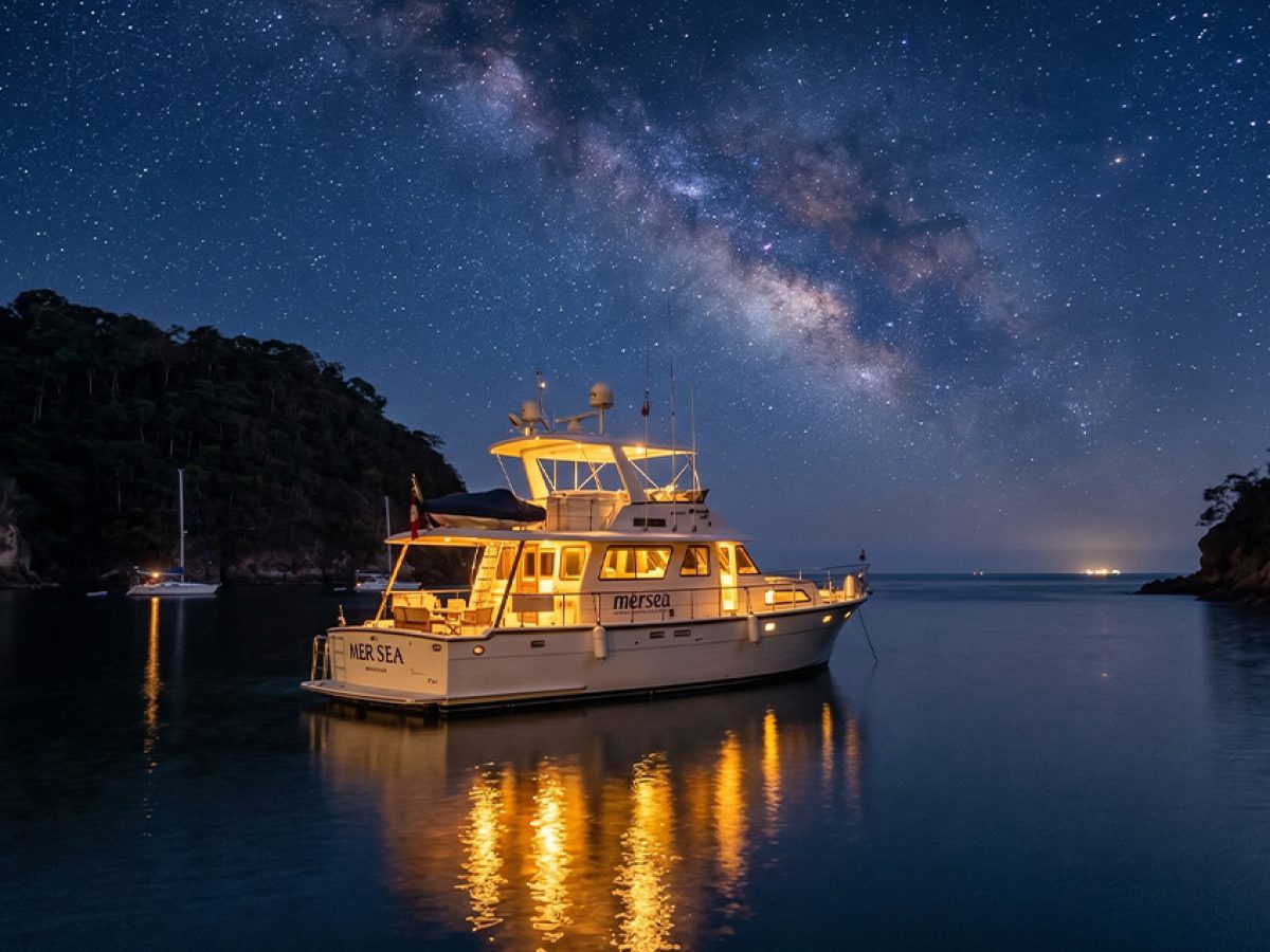 Mer Sea yacht anchored at night near the glowing Majahuitas cove in Puerto Vallarta.