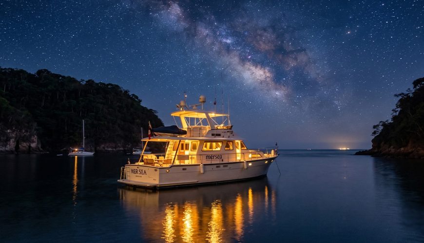 Mer Sea yacht anchored at night near the glowing Majahuitas cove in Puerto Vallarta.
