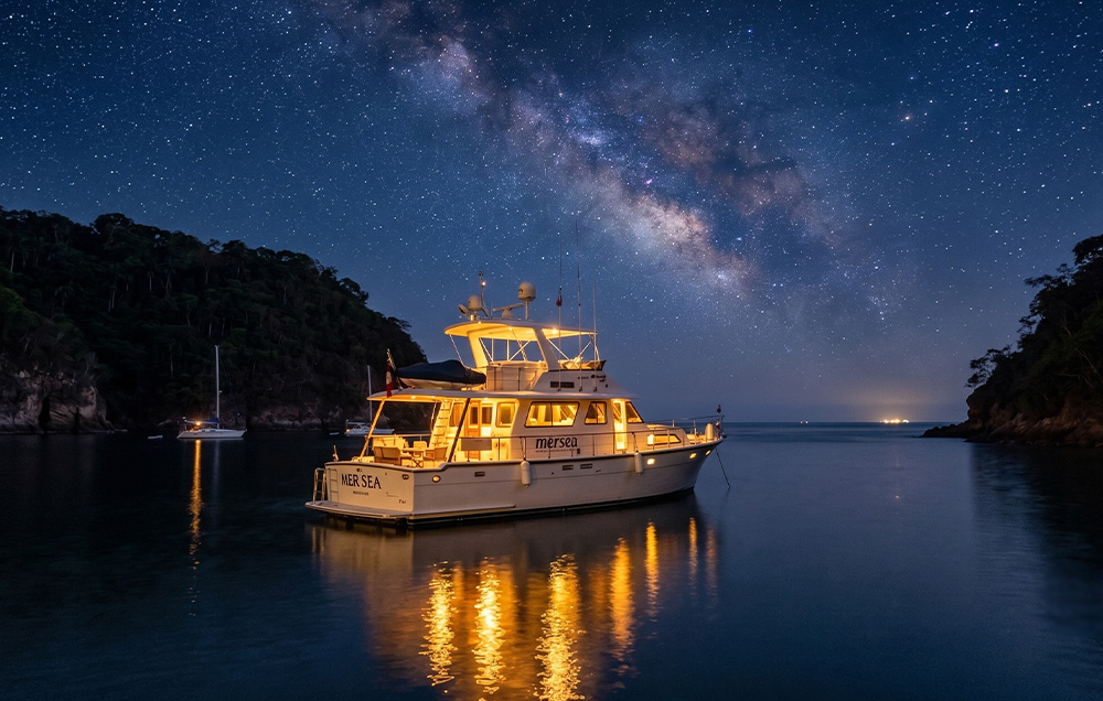 Mer Sea yacht anchored at night near the glowing Majahuitas cove in Puerto Vallarta.