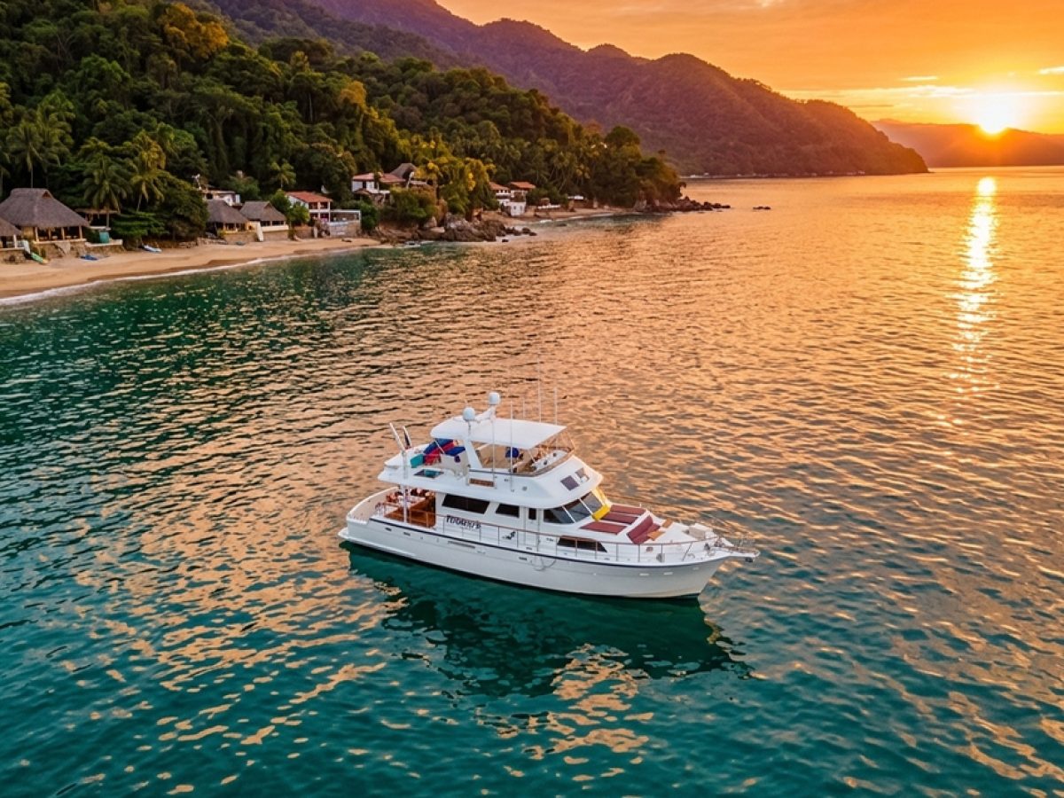 Mer Sea yacht cruising along the southern coast near Quimixto at golden hour.