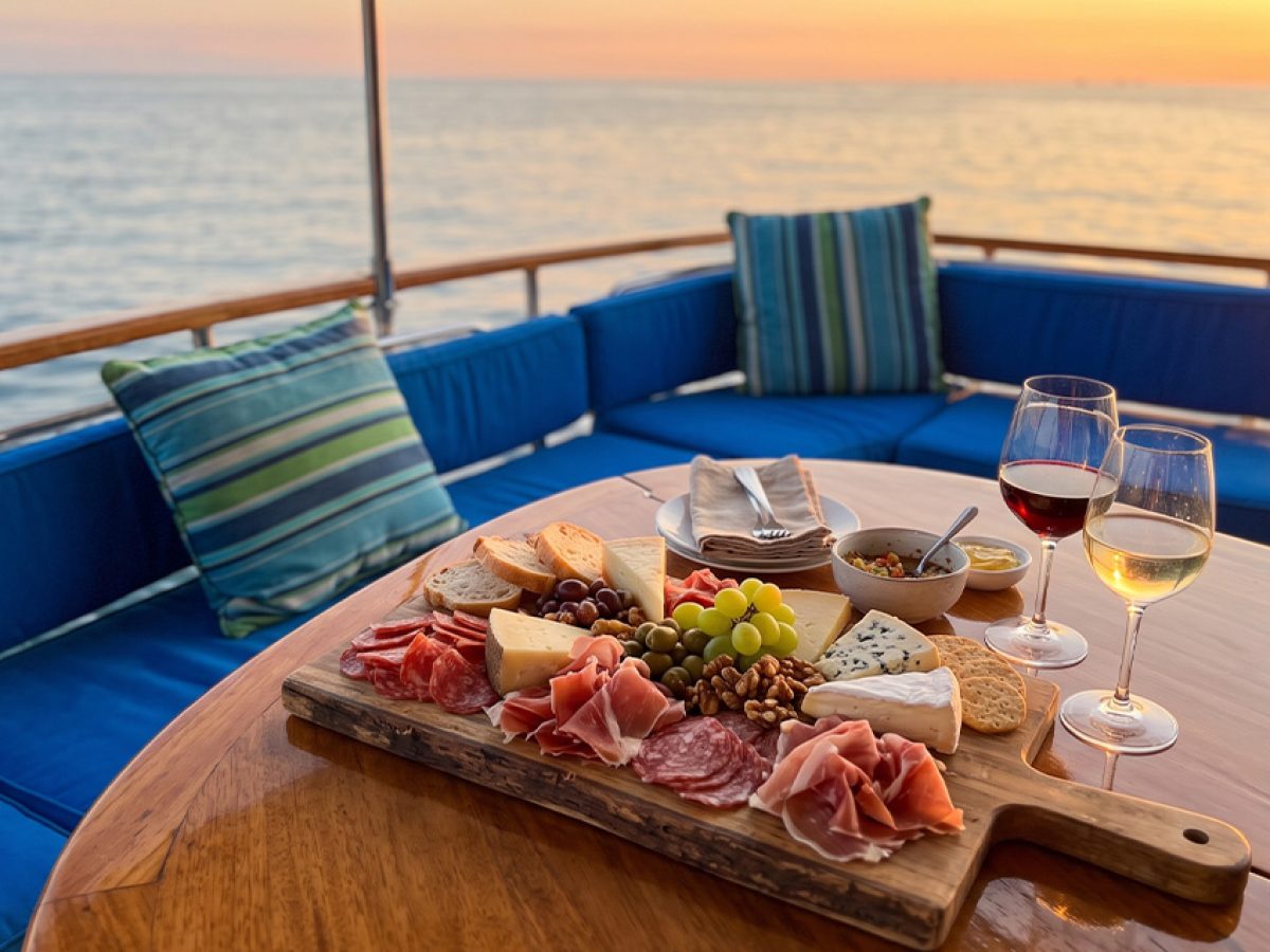 Premium charcuterie spread and champagne glasses on a yacht deck during a sunset cruise in Puerto Vallarta.
